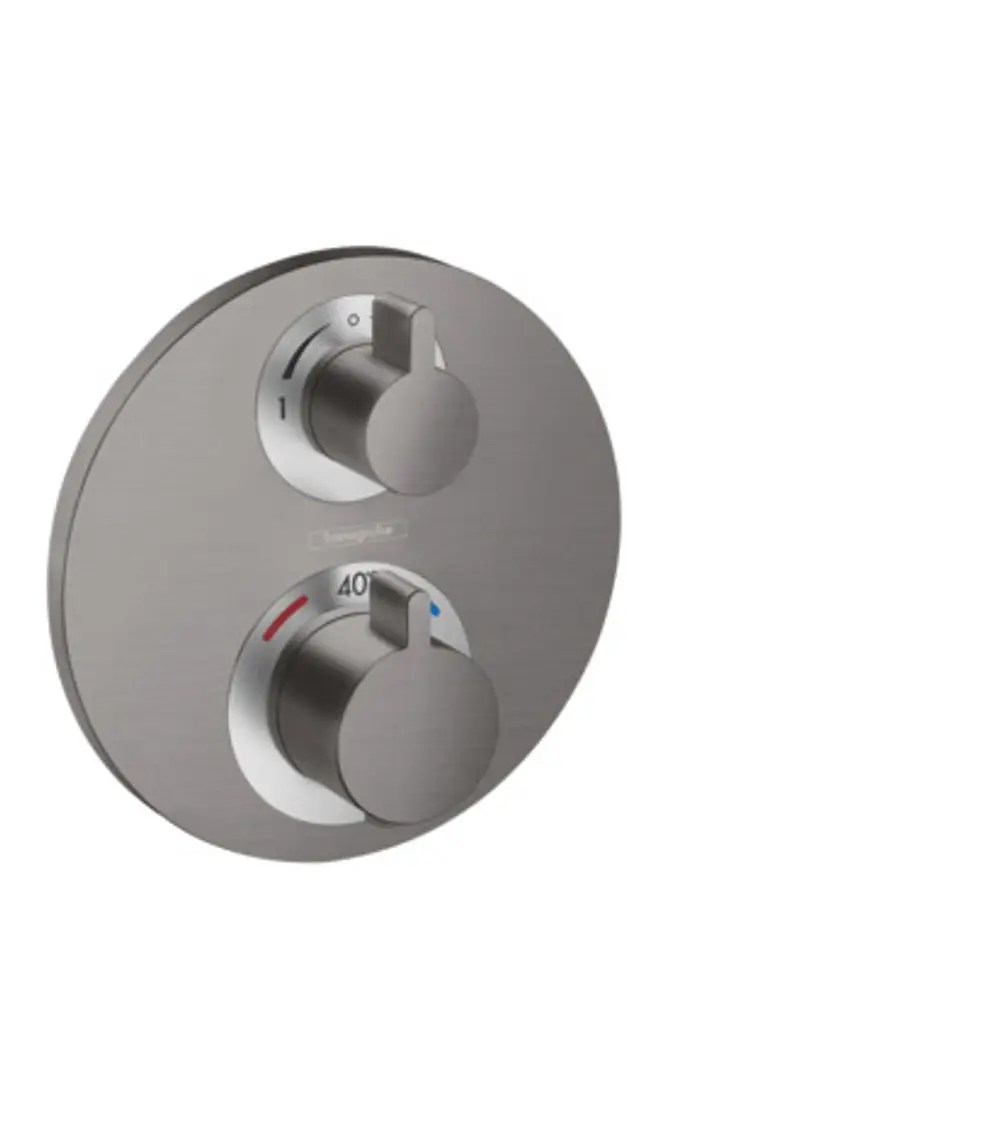 Thermostat-Armatur von Hansgrohe mit zwei Reglern für Temperatur und Wassermenge, in gebürstetem Schwarzchrom, für die Wandmontage geeignet.